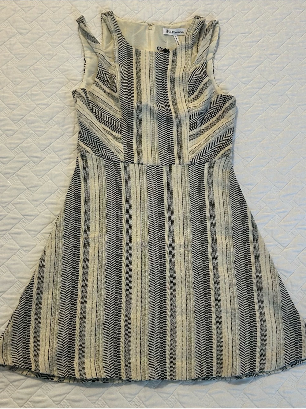 BCBGeneration Black and Ivory Striped Sleeveless Fit-and-Flare Dress
